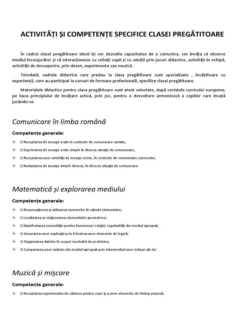 Activități Și Competențe Specifice Clasei Pregătit | PDF
