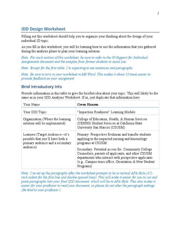 IDD Design Worksheet for Nursing Module | PDF | University And College ...