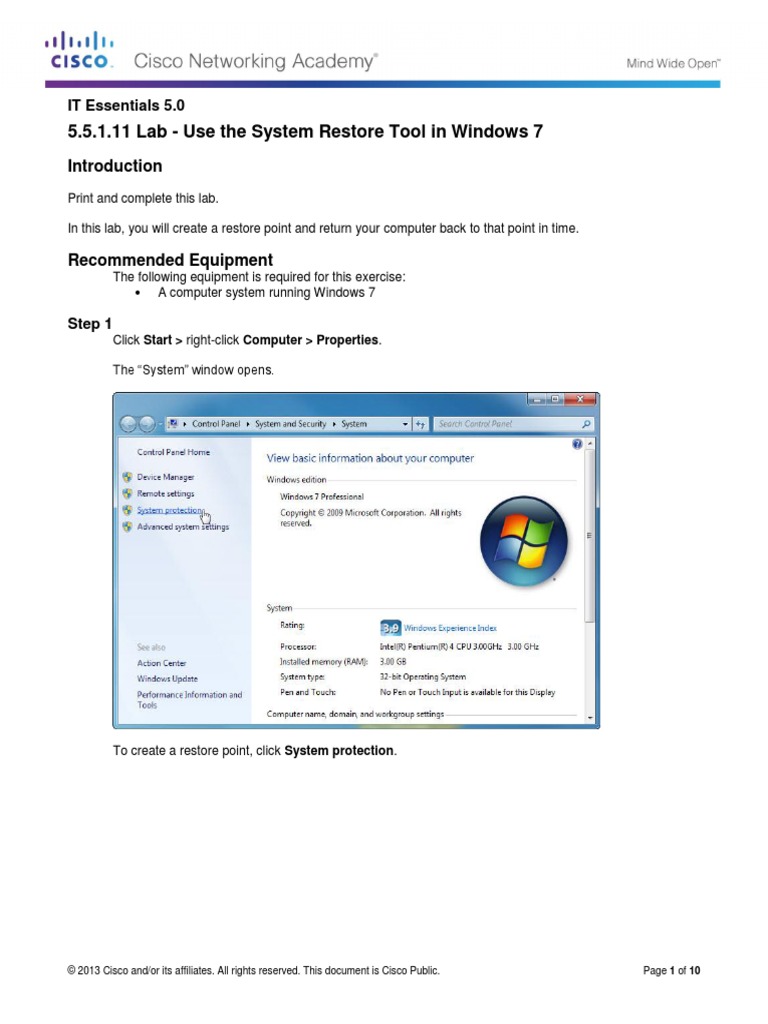 5.5.1.11 IG Lab - Use The System Restore Tool in Windows 7 | PDF ...