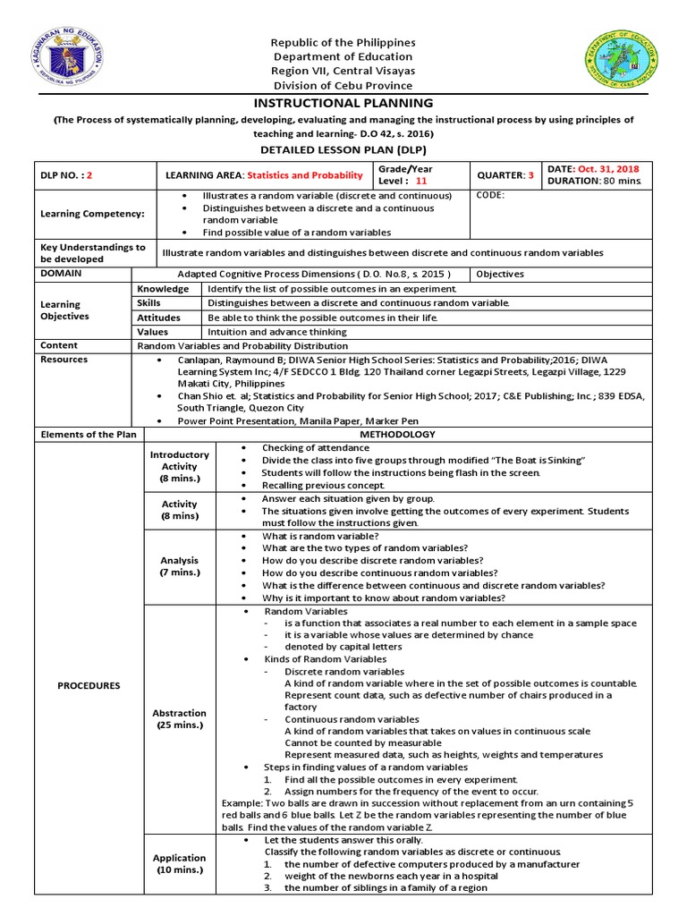 Lesson Plan in Stat PDF Random Variable Probability Distribution