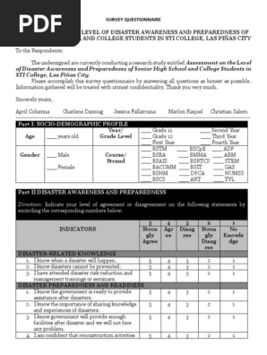 survey questionnaire - disaster awareness and preparedness - sti