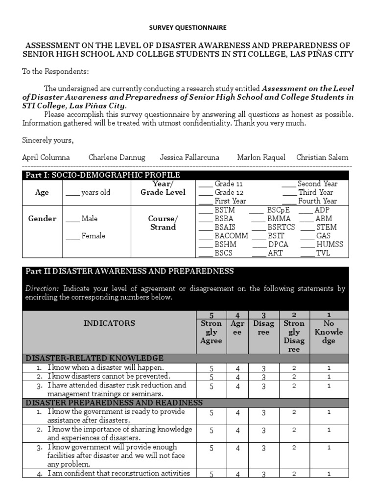 survey questionnaire disaster awareness and preparedness sti