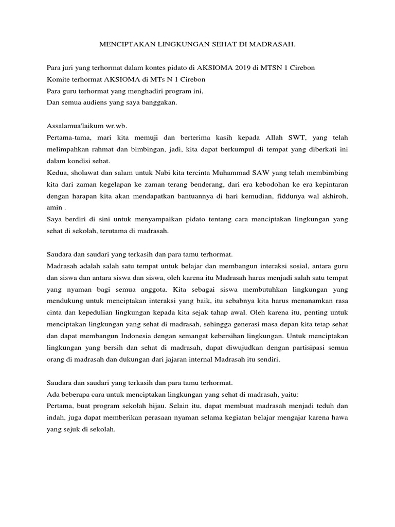 Teks Pidato Bahasa Inggris Tentang Menciptakan Lingkungan