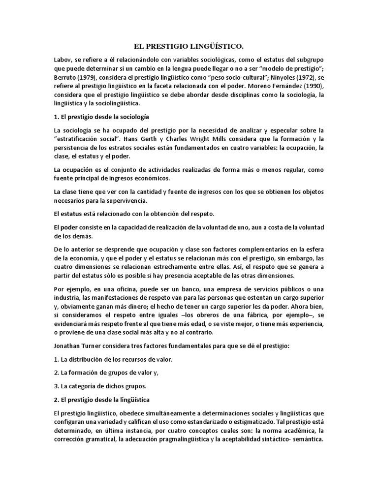 El Prestigio Lingüístico PDF Sociolingüística Lingüística