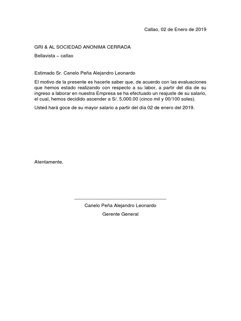 Carta para Informar El Aumento de Sueldo | PDF