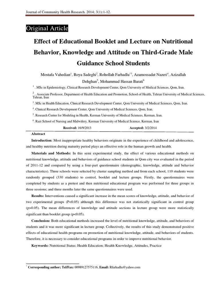 Effect of Educational Booklet and Lecture On Nutritional Behavior ...