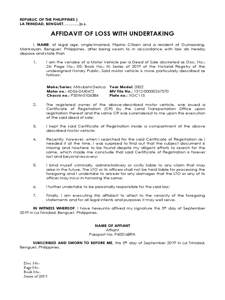 Loss CR With Undertaking Sample | PDF | Affidavit | Justice