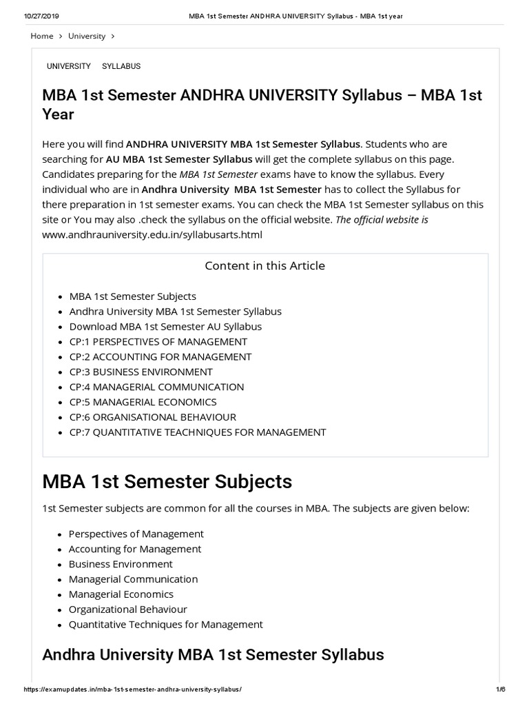 MBA 1st Semester ANDHRA UNIVERSITY Syllabus - MBA 1st Year | PDF ...