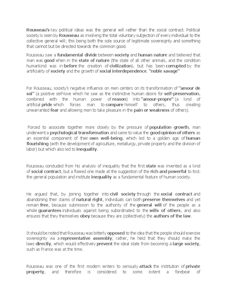 Rousseau's Key Political Ideas Was The General Will Rather Than The