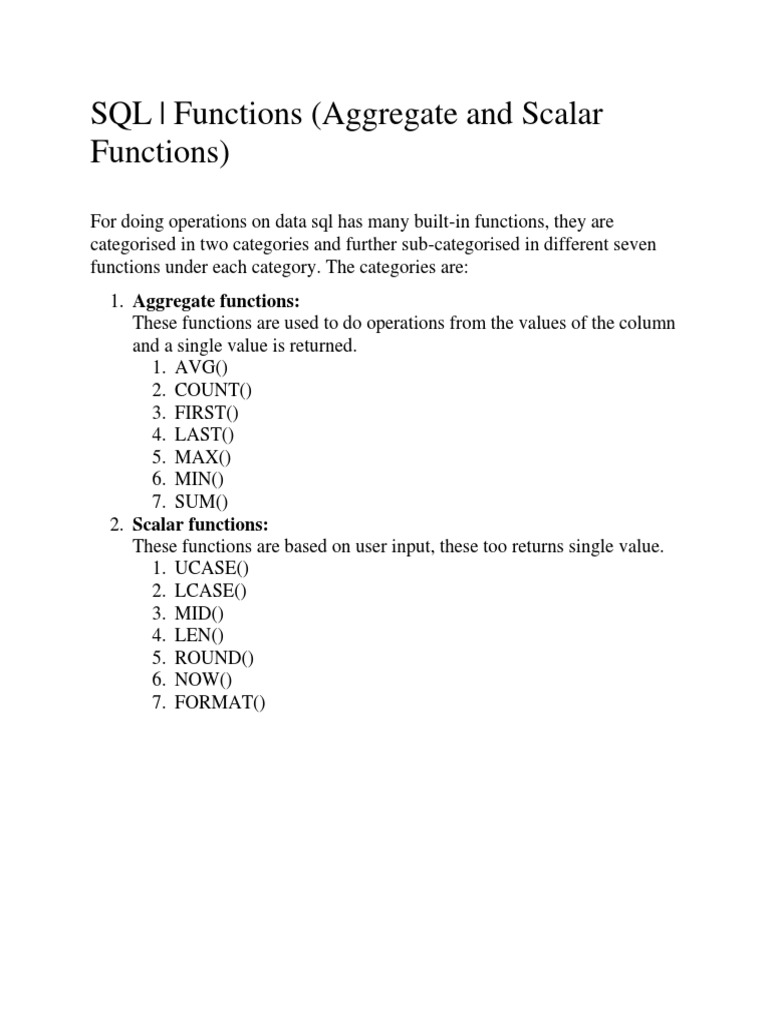 SQL - Functions (Aggregate and Scalar Functions) | PDF | Sql ...