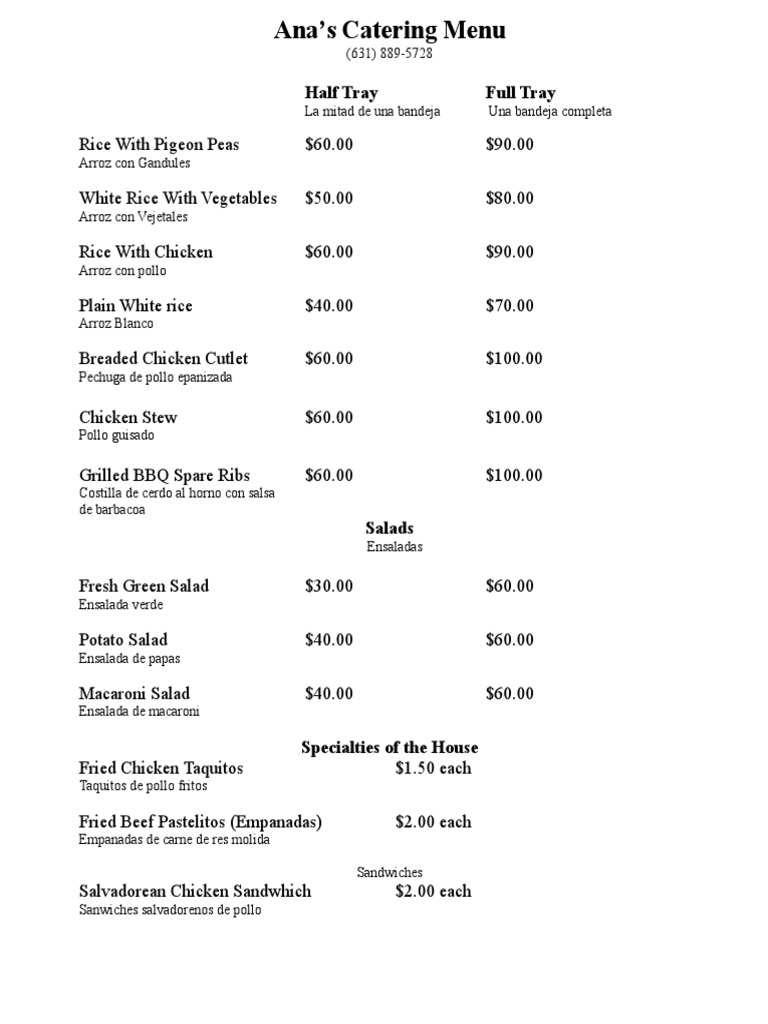 Ana's Catering Menu and Prices | PDF | Cooking, Food & Wine