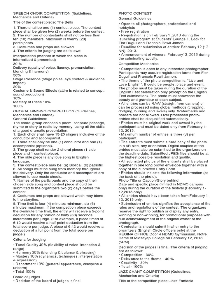 Speech Choir Competition Criteria | PDF | Singing | Choir