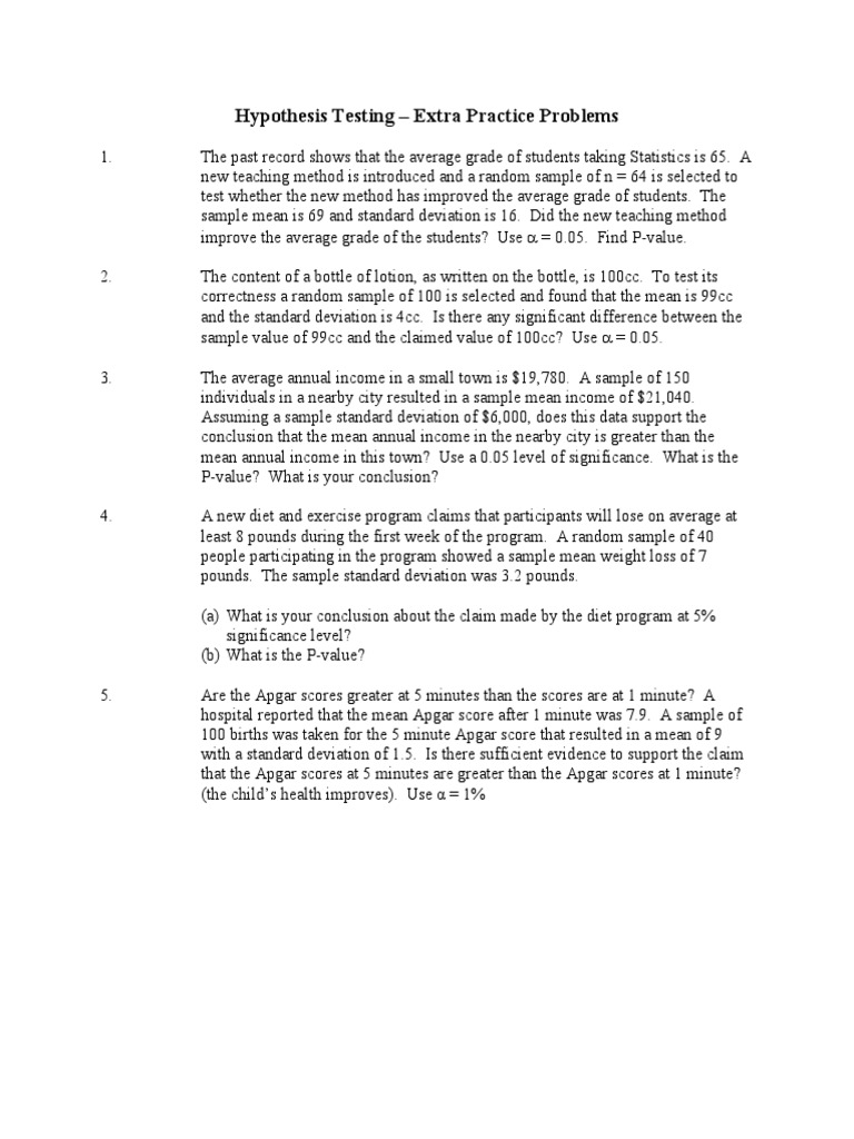 Hypothesis Testing Practice Problems | PDF | P Value | Statistical ...