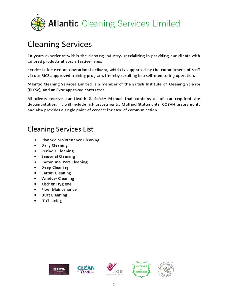 Atlantic Cleaning Services Brochure PDF Occupational Safety And