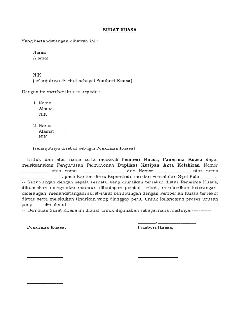 Contoh surat kuasa pembuatan akta kelahiran pdf Cocok digunakan kepada mahasiswa praktisi hukum profesional dan masyarakat umum.