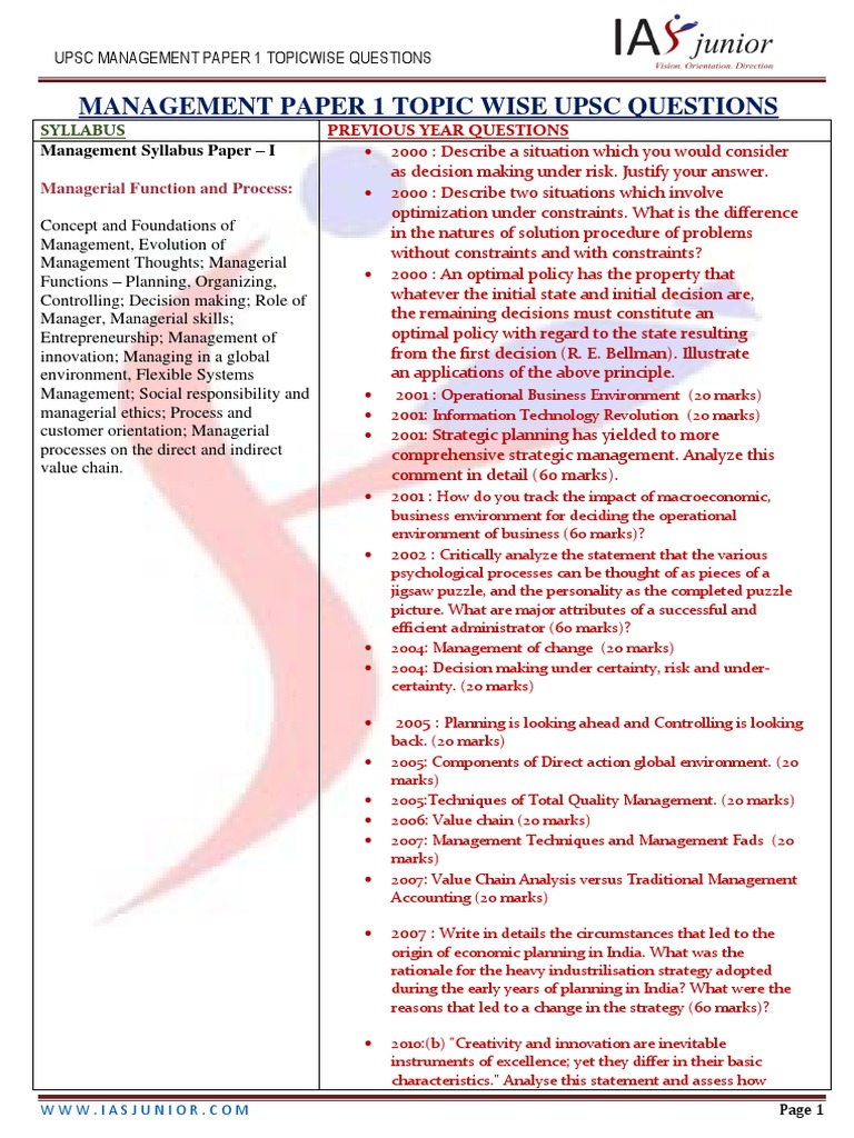 UPSC Management Paper 1 Questions | PDF | Leadership | Strategic Management
