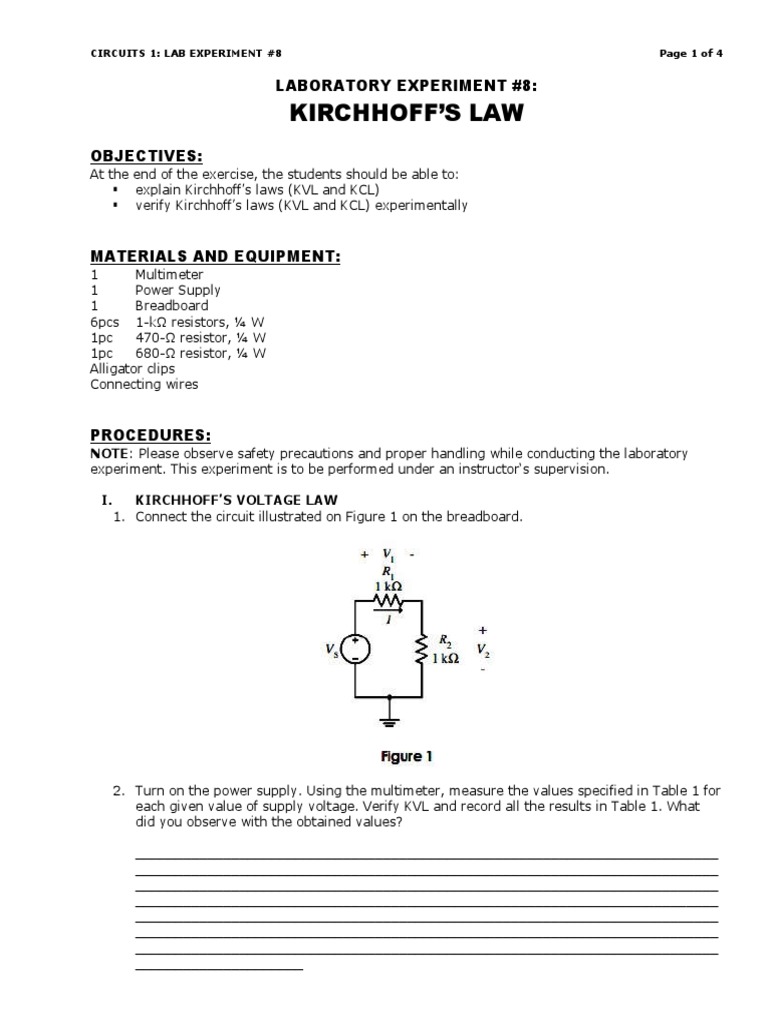 Kirchhoff'S Law: Laboratory Experiment #8 | PDF | Electrical Network ...