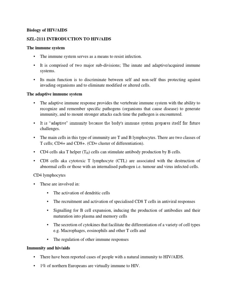 Biology of HIV/AIDS Szl-2111 Introduction To Hiv/Aids The Immune System ...