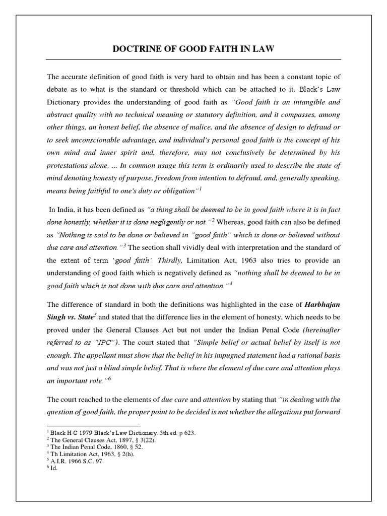 Defining Good Faith An Analysis of the Doctrine of Good Faith in