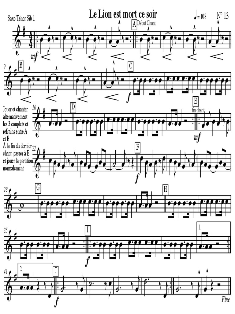 Le Lion Est Mort Ce Soir Partition Pdf 13 - Le Lion Est Mort Ce Soir - Saxo - Tenor - Sib - 1 PDF | PDF