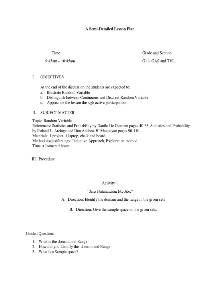 Math 10 Sample Lesson Plan | PDF | Probability Distribution | Random ...