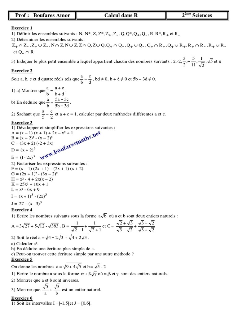 Ensembles De Nombres Seconde Exercices Corrigés Pdf Série N°1 - Calcul Dans R - PDF | PDF | Nombre réel | Théorie des nombres