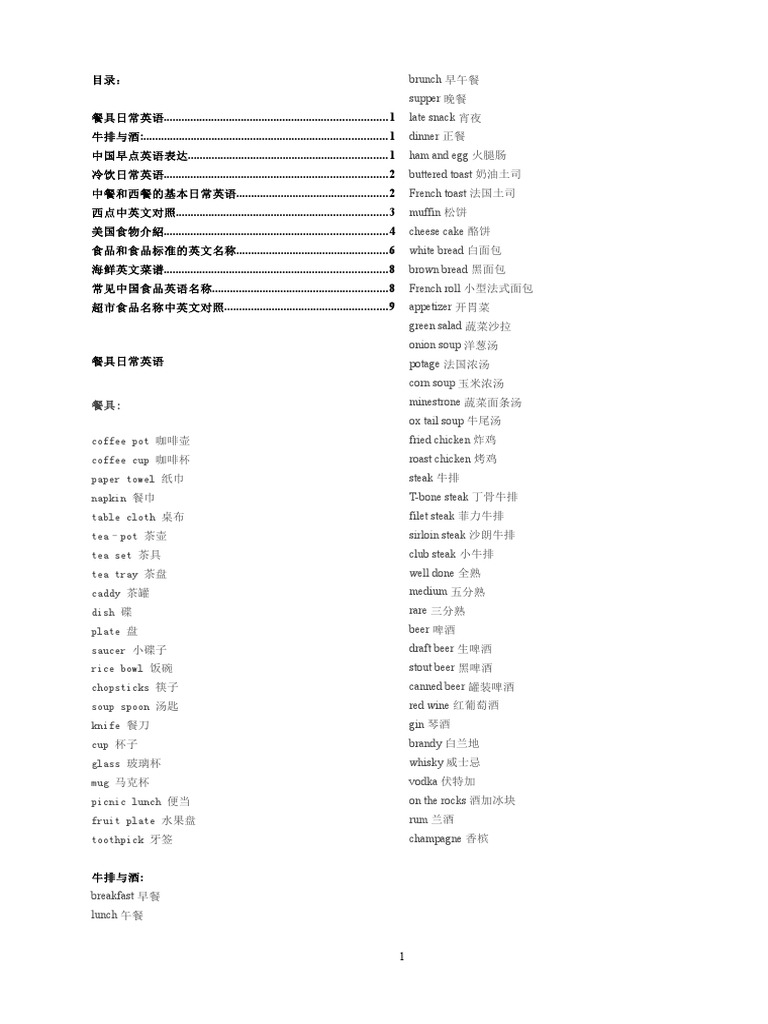 英语词汇 食品 餐具 吃的相关