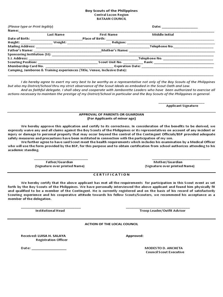 Application for Participation in a Boy Scouts of the Philippines