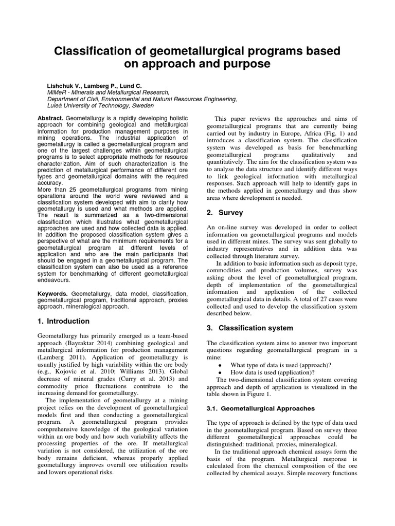 Classification of Geometallurgical Programs Based On Approach and ...