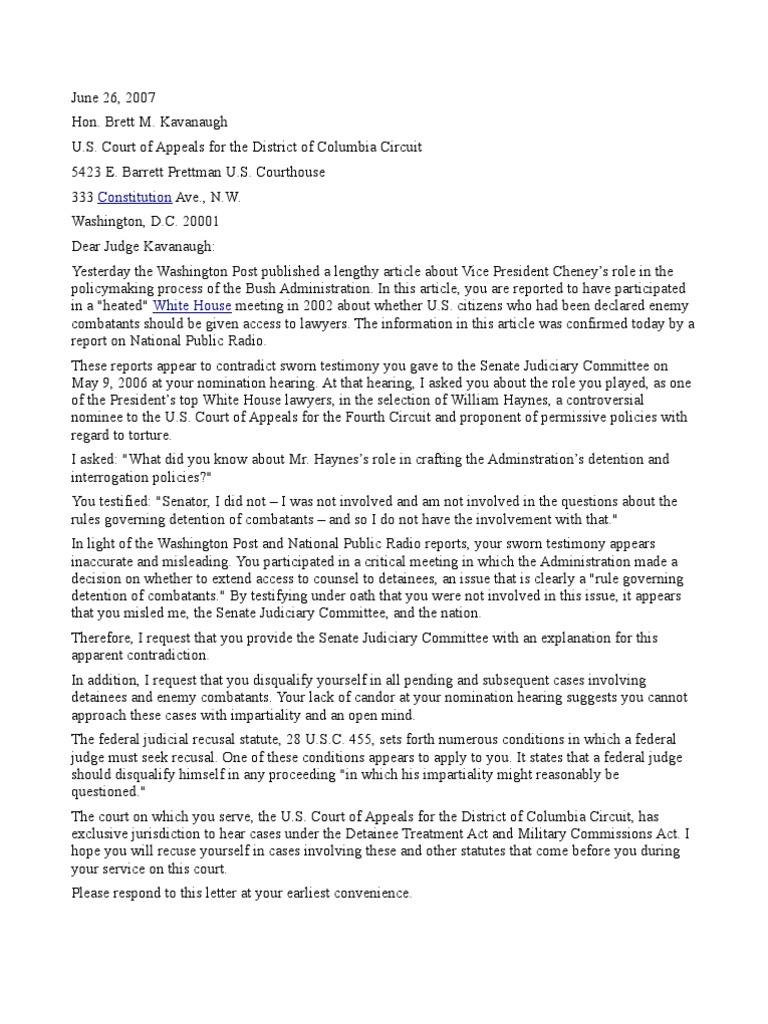 Kavanaugh's Testimony Contradiction Letter | PDF | Judicial ...