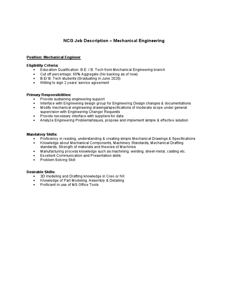 Mechanical Engineer Job Description | PDF | Technology & Engineering