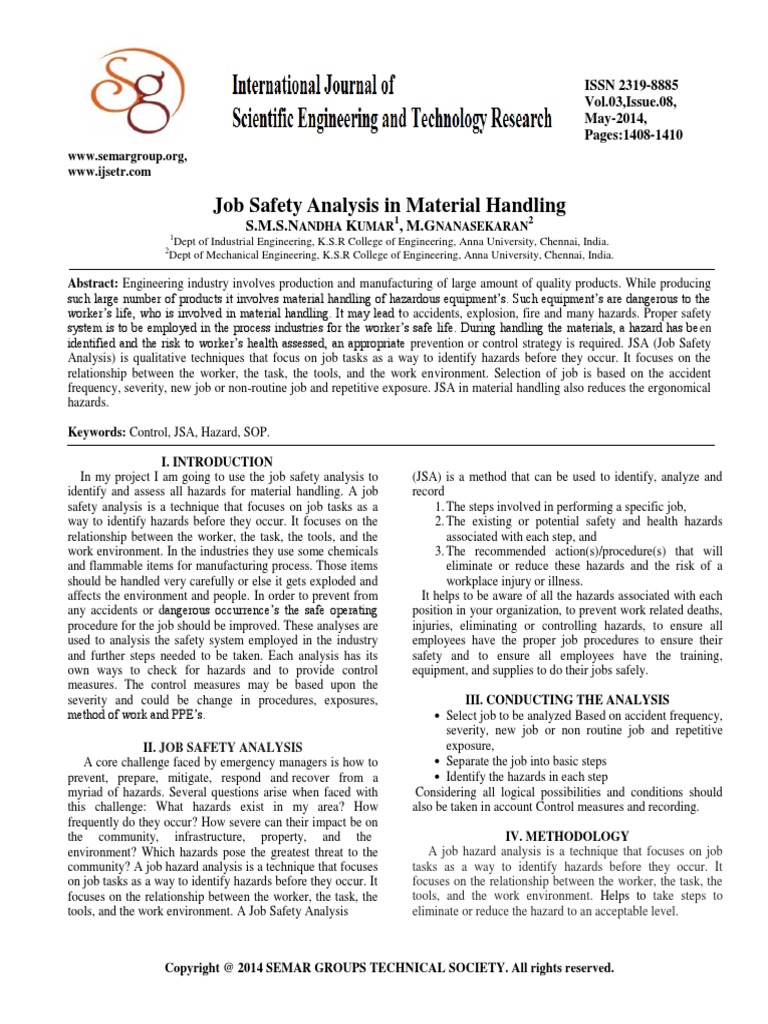 Job Safety Analysis in Material Handling S.M.S.N K, M.G PDF