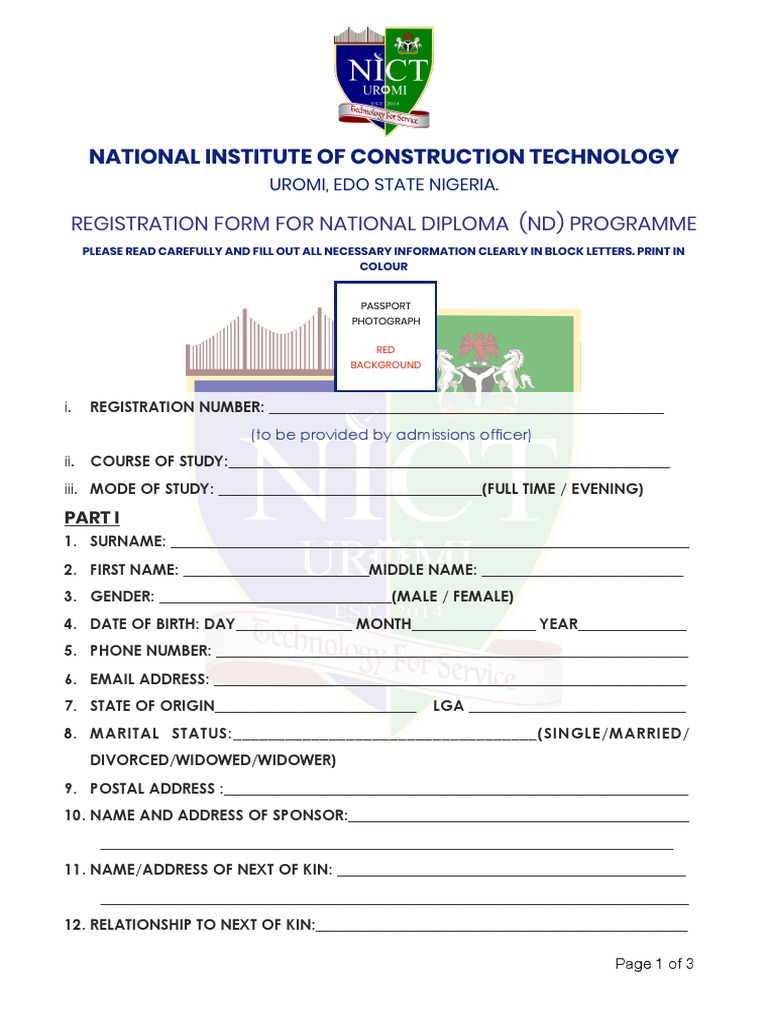National Diploma Application Form PDF Business