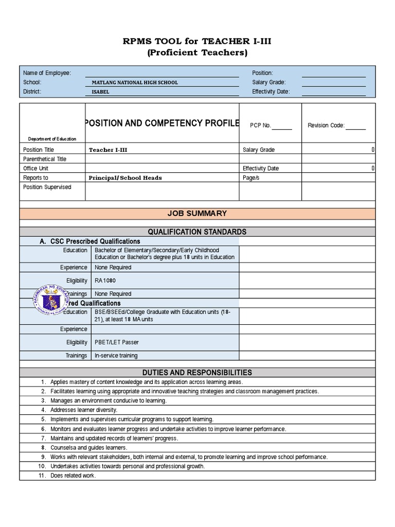 Position and Competency Profile: Rpms Tool For Teacher I-Iii ...
