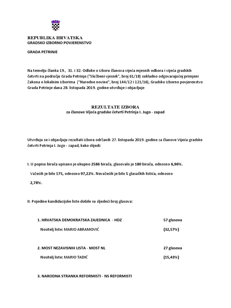 Rezultati Izbora 2019 Mjesni Odbori Gradske Cetvrti PDF