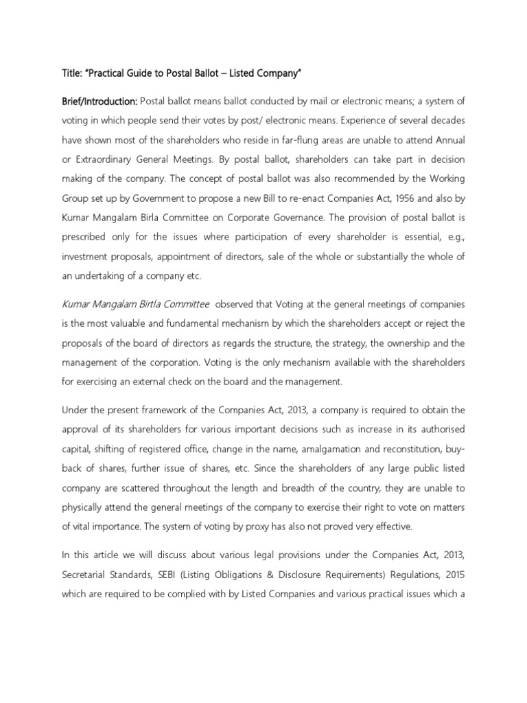 Postal Ballot Guide for Listed Companies | PDF | Postal Voting | Board ...