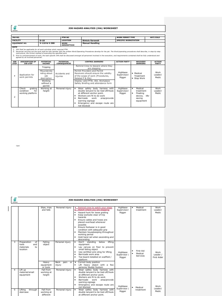 JHA Manual Handling PDF First Aid Safety