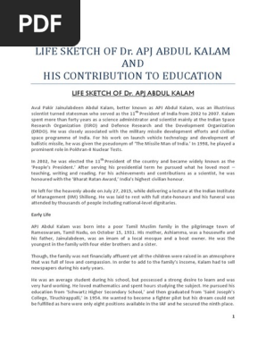 Life Sketch Of Dr Apj Abdul Kalam And His Contribution To Education Pdf