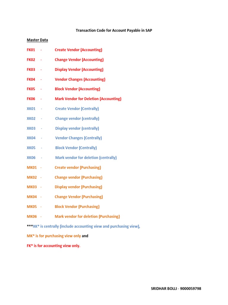 SAP Accounts Payable Transaction Codes | PDF | Accounts Payable | Invoice