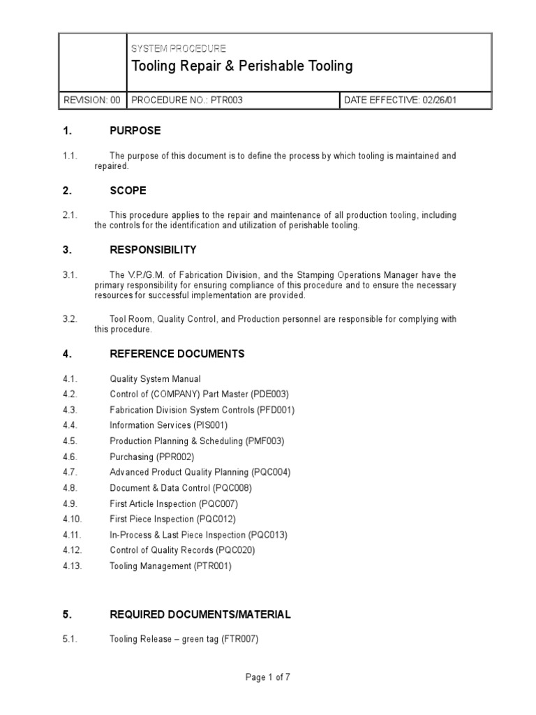 Tooling Repair & Perishable Tooling: 1. Purpose | PDF | Business