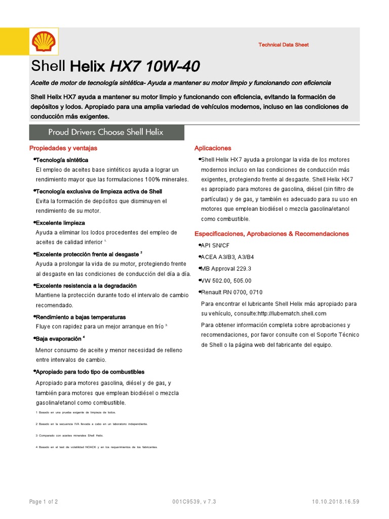 Ficha Técnica Shell Helix HX7 10W-40 | PDF | Biodiésel | Combustible diesel