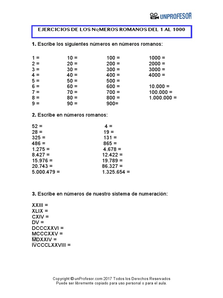Ejercicio Los Numeros Romanos Del 1 Al 1000 1384