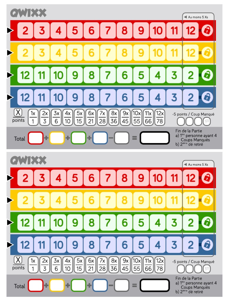 Qwixx Printable Score Sheets