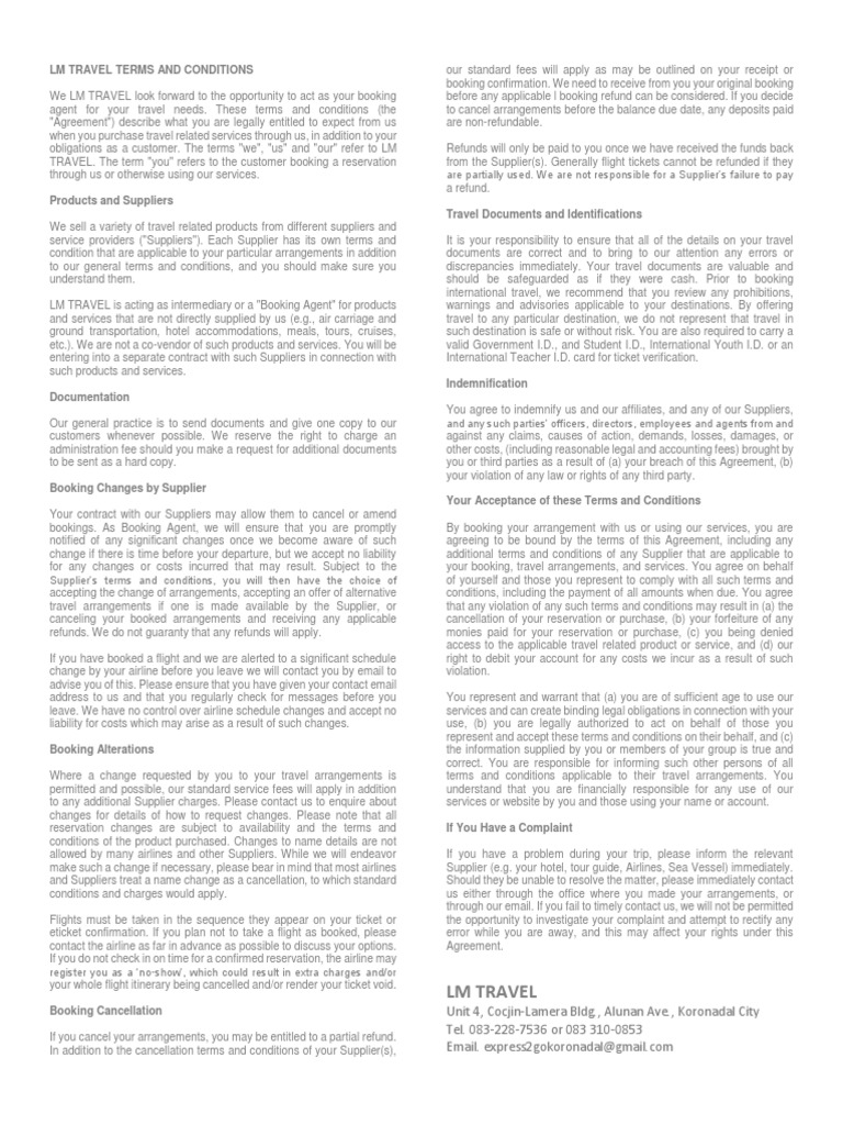 LM Travel Terms and Conditions Guide | PDF | Identity Document | Indemnity