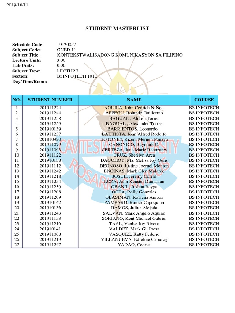 BS Infotech Student Masterlist 2019 | PDF