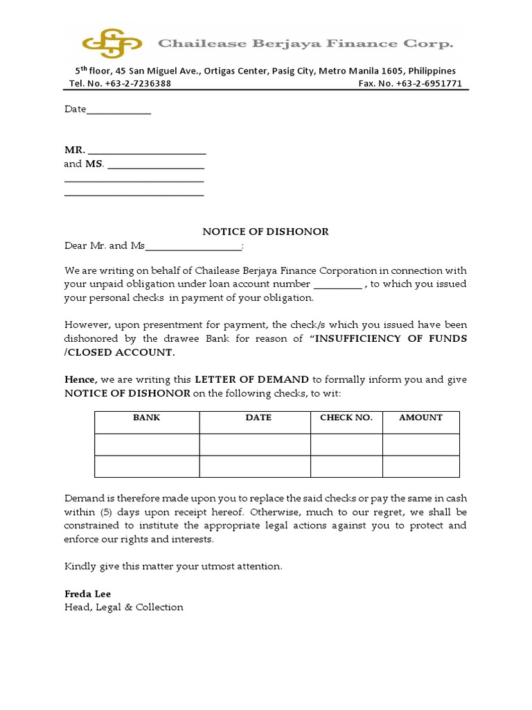 Revised NOTICE OF DISHONOR TEMPLATE SAMPLE | PDF