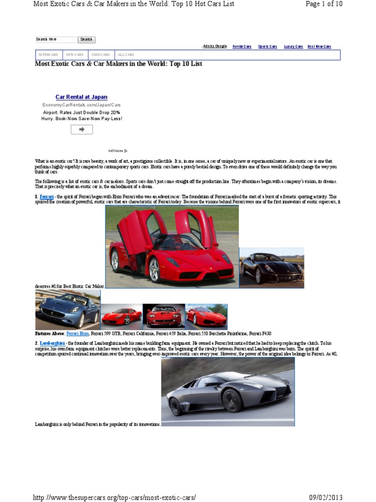 Most Exotic Cars & Car Makers in The World Top 10 List Car Rental at Japan PDF Ferrari