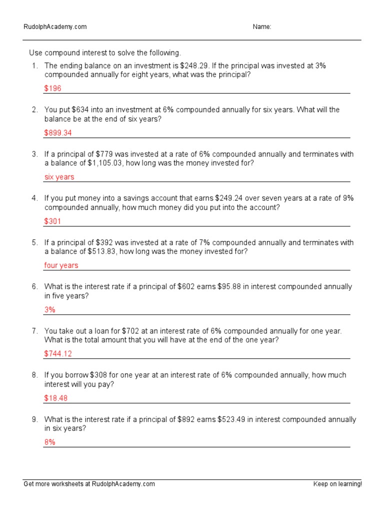 Compound Interest Worksheet A Answers | PDF