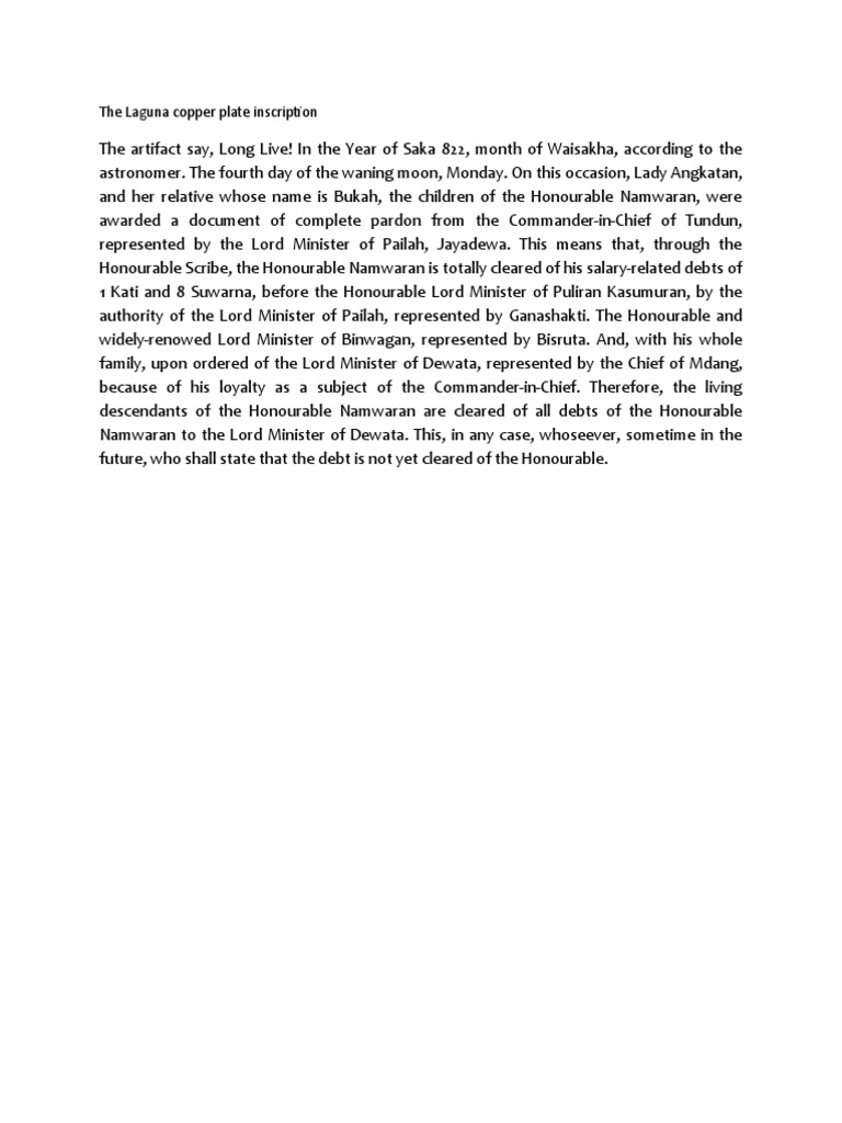 The Laguna Copper Plate Inscription A Document Granting Pardon and