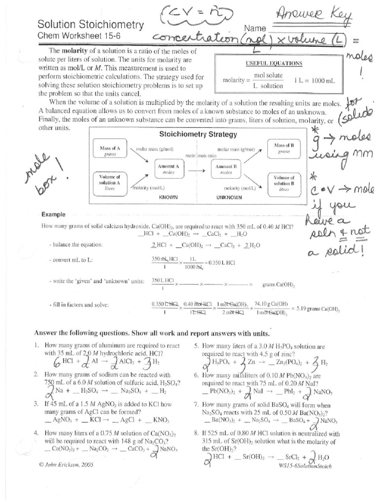 Solution Stoichiometry Chem Worksheet 15-6 Answer Key | PDF